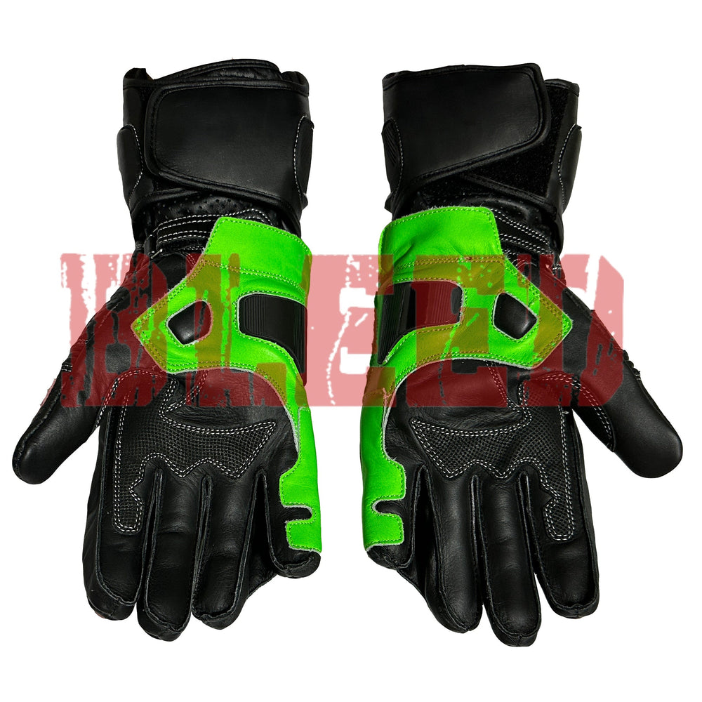 Kawasaki Monster Energy motorbike leather racing gloves detail view