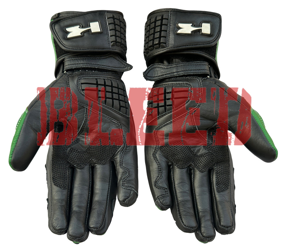 Kawasaki Ninja motorbike leather racing gloves detail view