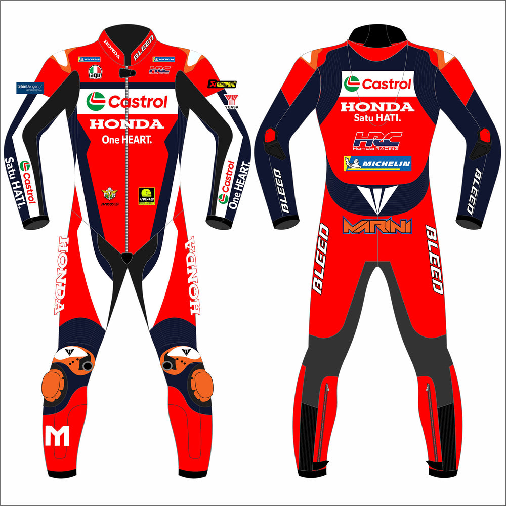 Luca Marini Honda Castrol 2025 MotoGP leather racing suit front view
