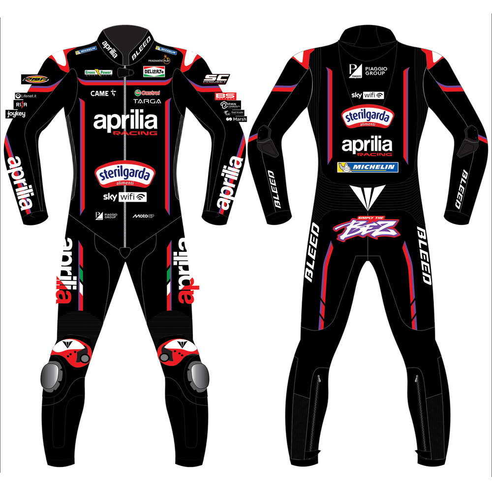 Marco Bezzecchi Aprilia Racing 2025 MotoGP leather racing suit front view