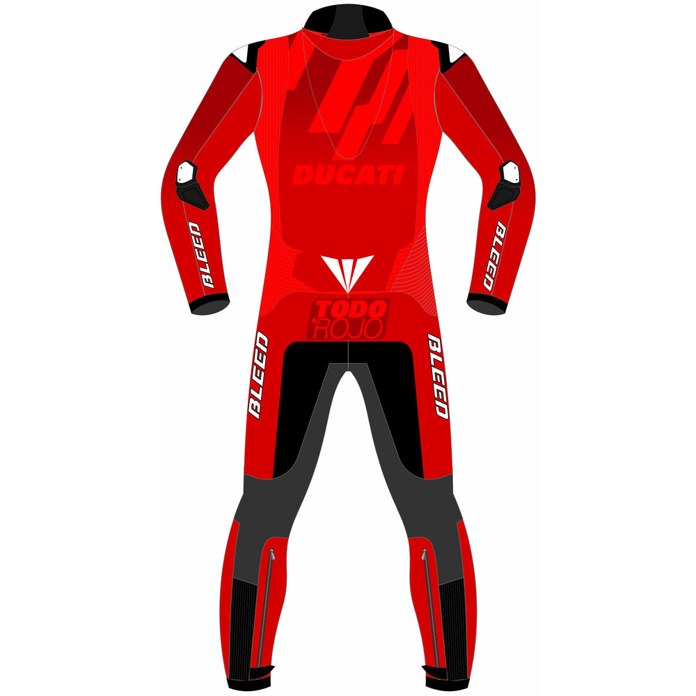 Marc Marquez Ducati Lenovo Barcelona Winter Test 2025 MotoGP leather racing suit detail view