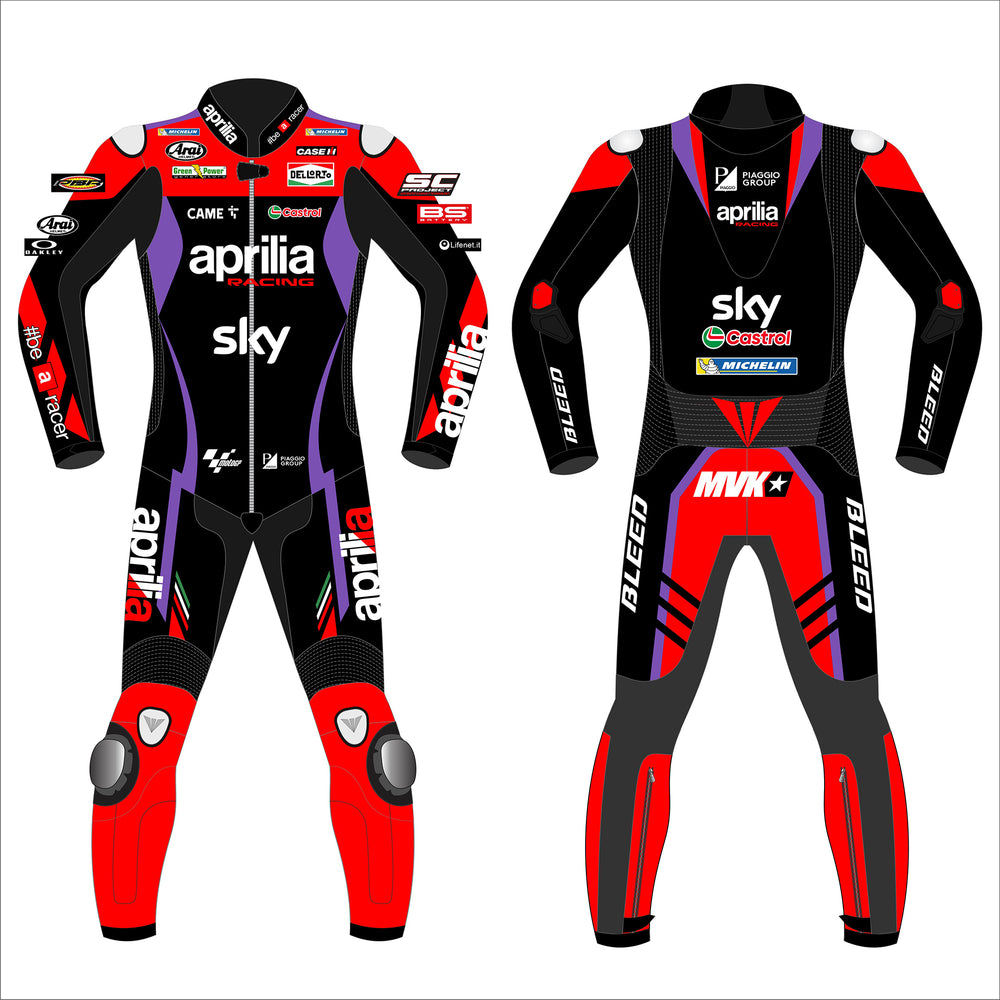 Maverick Vinales Aprilia Racing 2024 MotoGP leather racing suit front view