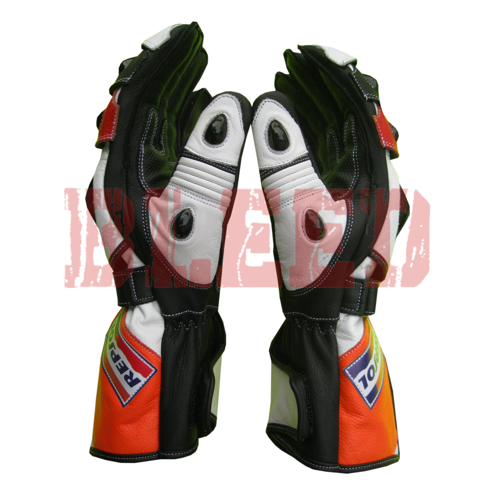 Honda Repsol motorbike leather racing gloves back view