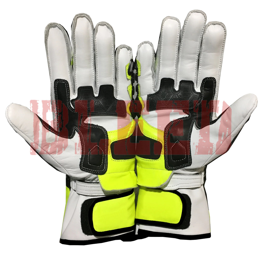 Valentino Rossi VR46 motorbike leather racing gloves close up