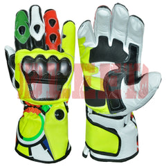 Mens motorbike leather racing gloves VR46 style front view