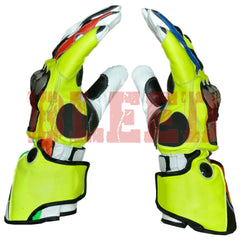 Mens motorbike leather racing gloves VR46 style detail view