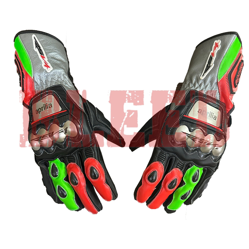 Aprilia RSV4 motorbike leather racing gloves front view
