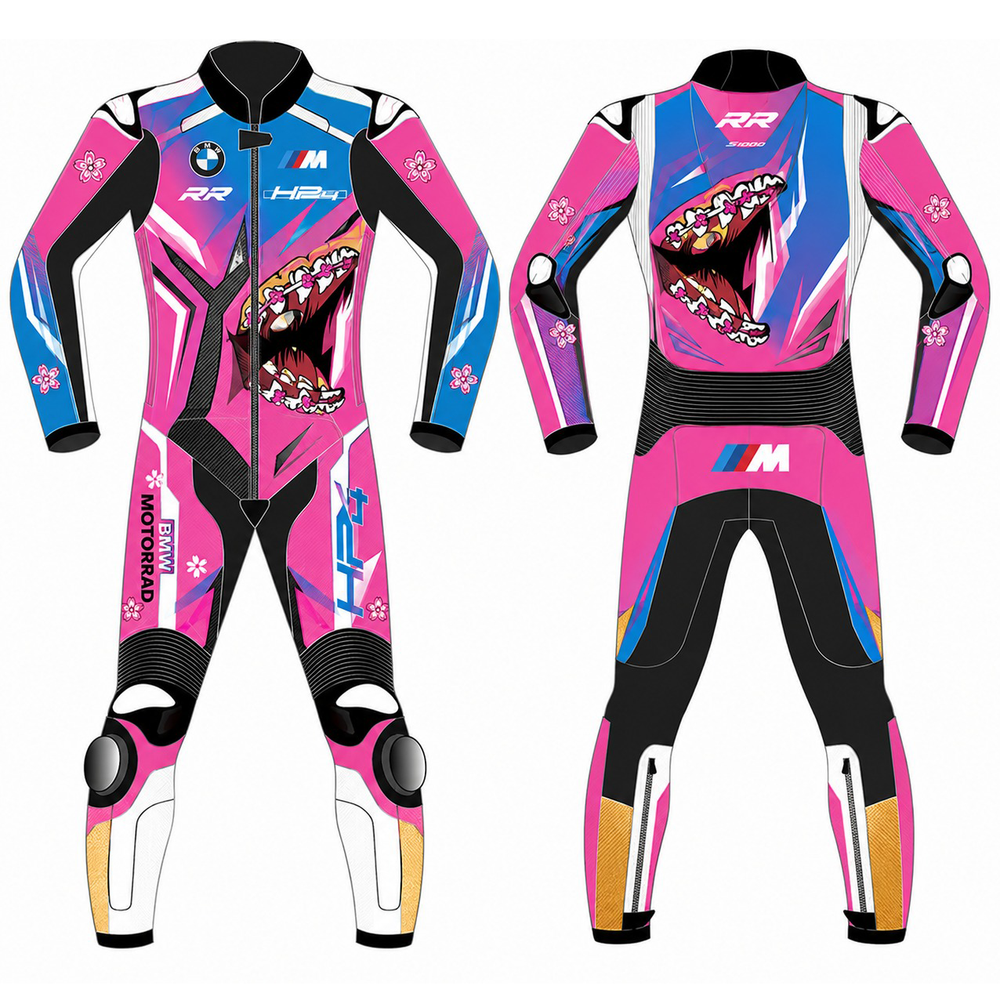 Bespoke motorbike leather racing suit custom design shown from the front and back