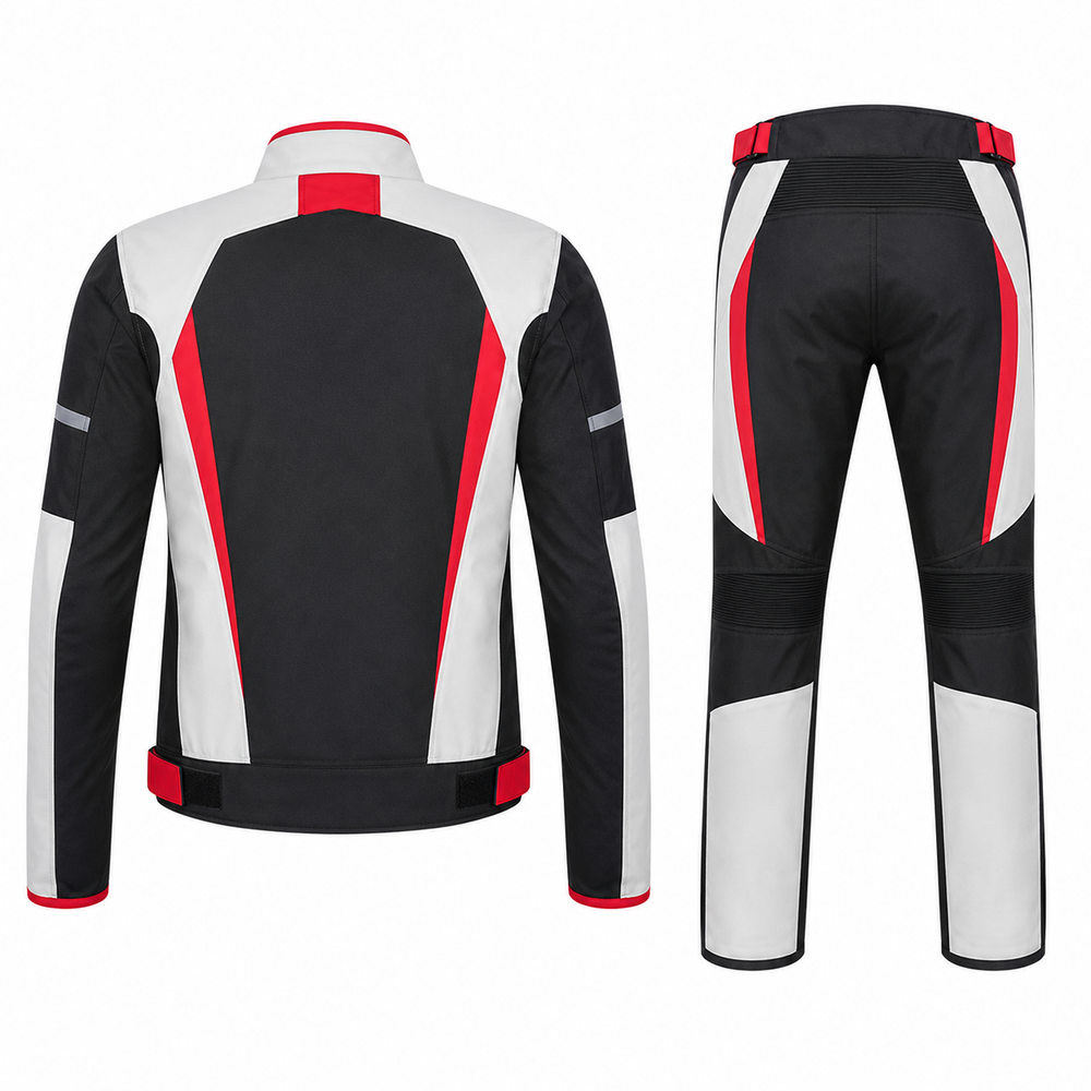 Cafe street textile motorcycle riding suit white black red back view with CE armor