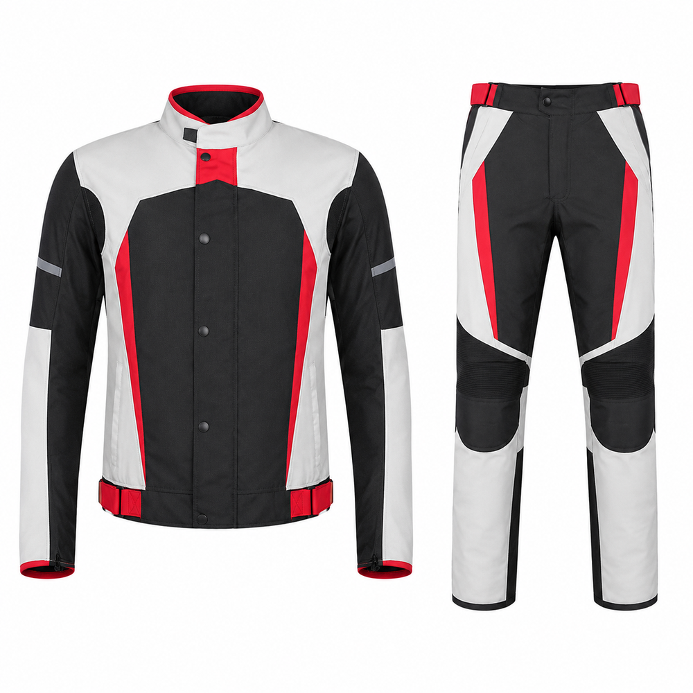 Cafe street textile motorcycle riding suit white black red front view with CE armor