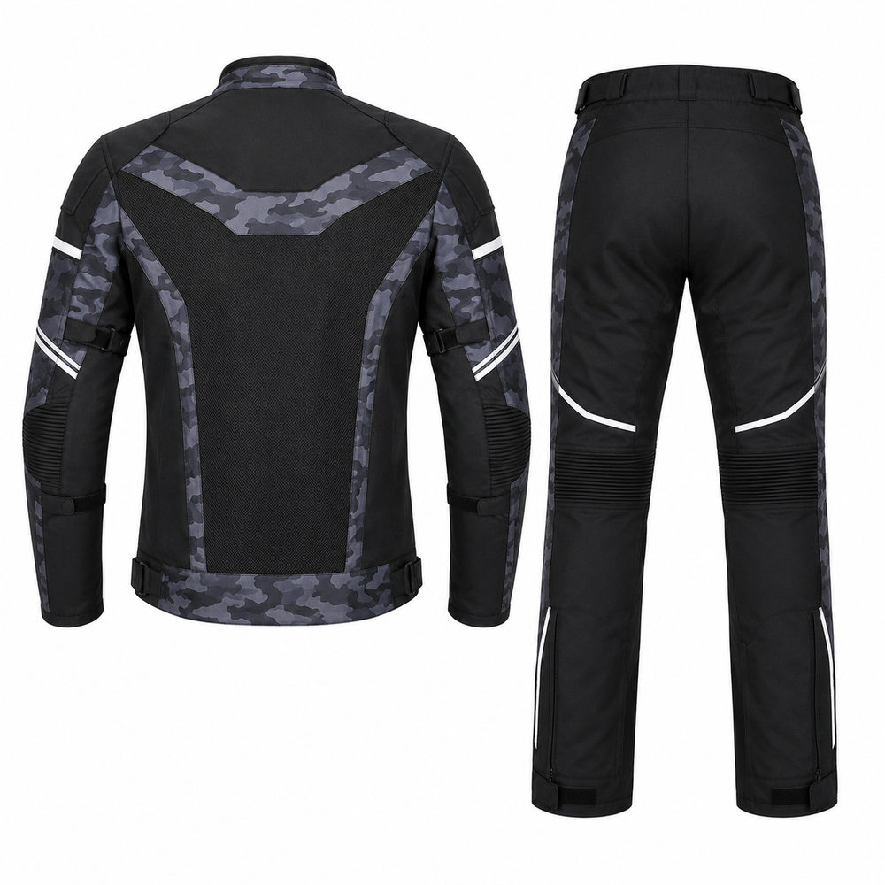 Camo mesh adventure textile motorcycle suit back view in grey camo and black with mesh panels, reflective detail and CE armor