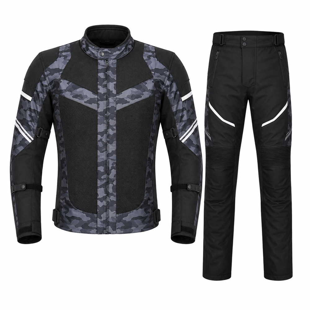 Camo mesh adventure textile motorcycle suit front view in grey camo and black with CE armor, breathable jacket and pant set