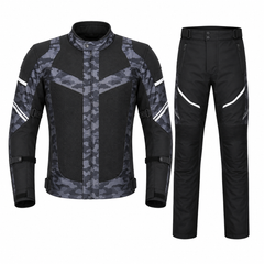 Camo mesh adventure textile motorcycle suit front view in grey camo and black with CE armor, breathable jacket and pant set
