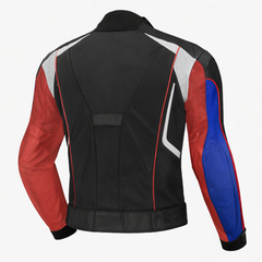 back view of tricolor motorcycle leather jacket with ventilation panel and ergonomic structure