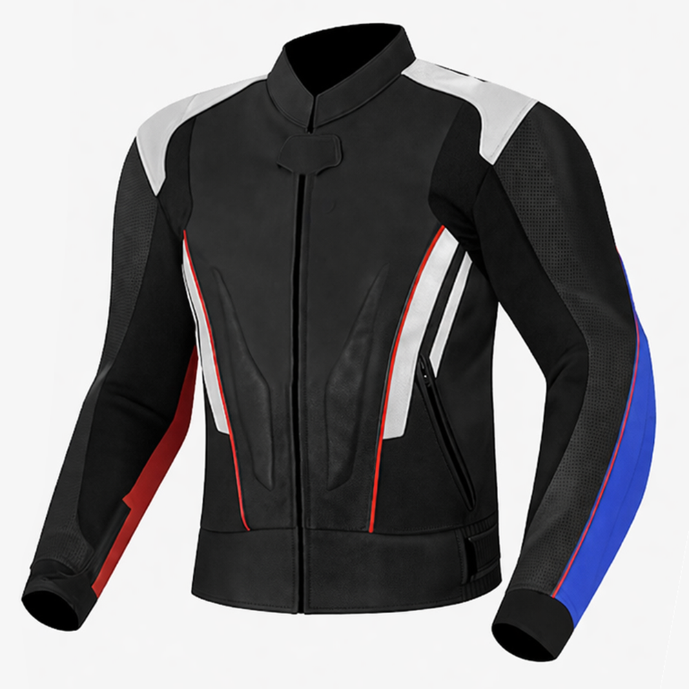 Crimson Axis Leather Jacket Black Red Blue Riding Gear – Bleed