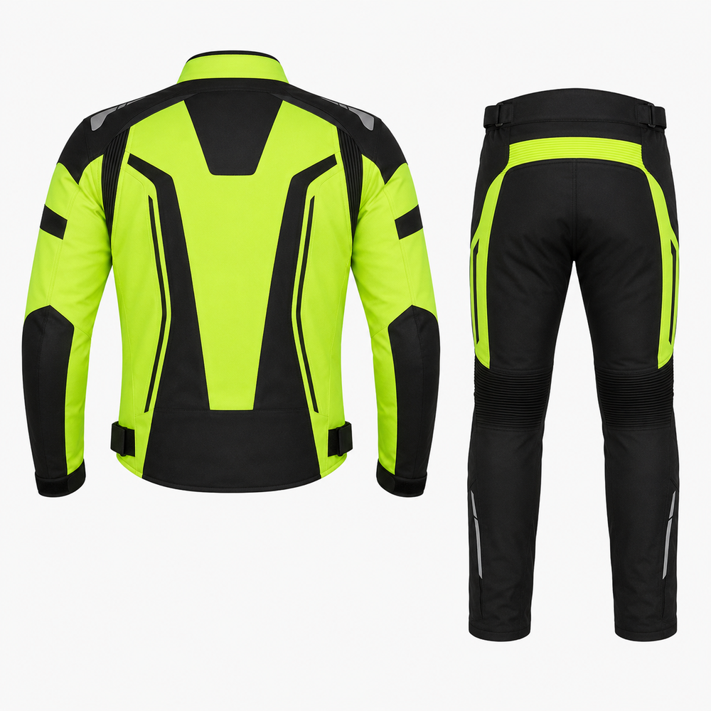 Custom Beacon hi-viz sport textile motorcycle riding suit fluoro yellow black back view with CE armor