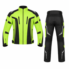 Custom Beacon hi-viz sport textile motorcycle riding suit fluoro yellow black front view with CE armor