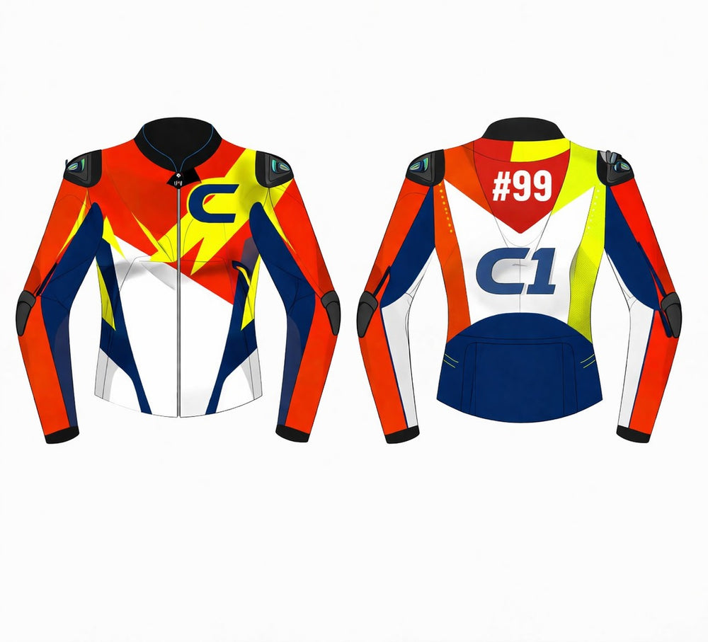 Custom biker leather racing suit made with premium materials, designed for motorcycle track and street riding with CE protection and ergonomic fit