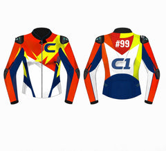 Custom biker leather racing suit made with premium materials, designed for motorcycle track and street riding with CE protection and ergonomic fit