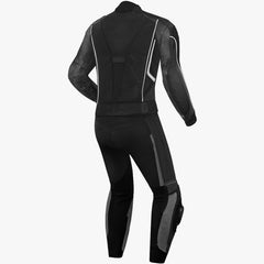 black biker suit with grey accents rear view leather gear