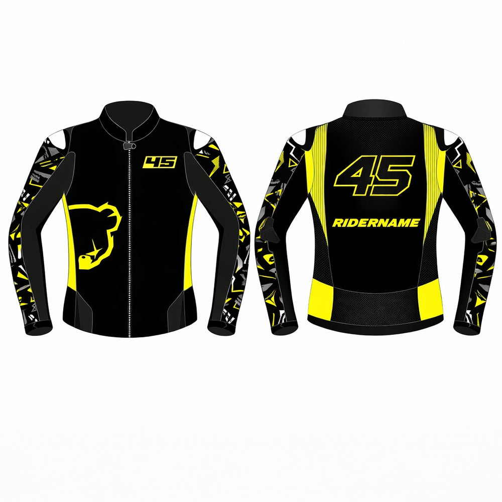 custom motorbike racing jacket black and neon yellow with rider number 45 design