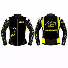 custom motorbike racing jacket black and neon yellow with rider number 45 design