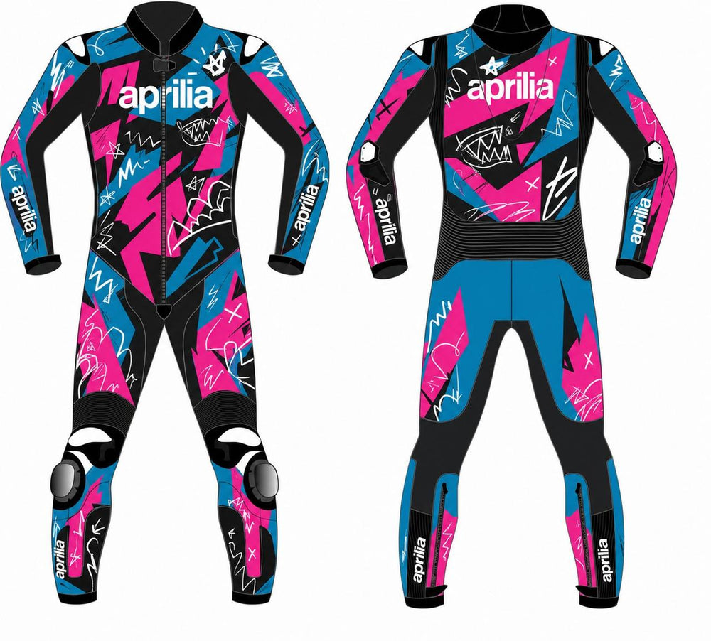 Two full-body racing suits shown side by side on a plain white background. The left suit is black with bright pink and blue graffiti-style graphics and white Aprilia logos; the right suit is a matching front view of the same suit design.