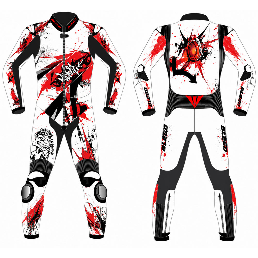 Front and back views of a full-body racing suit with a white base, black panels, and bold red paint-splatter graphics, shown on a plain white background.