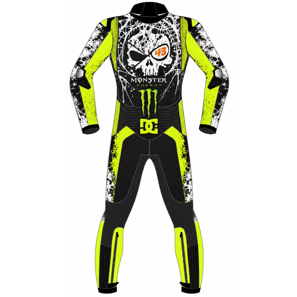 Back design illustration of a custom leather suit with a large white skull and yellow sleeve panels