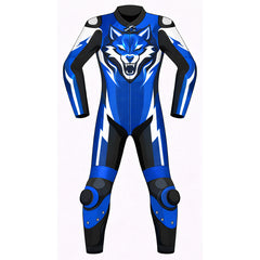 Blue Wolf custom leather motorcycle racing suit back view