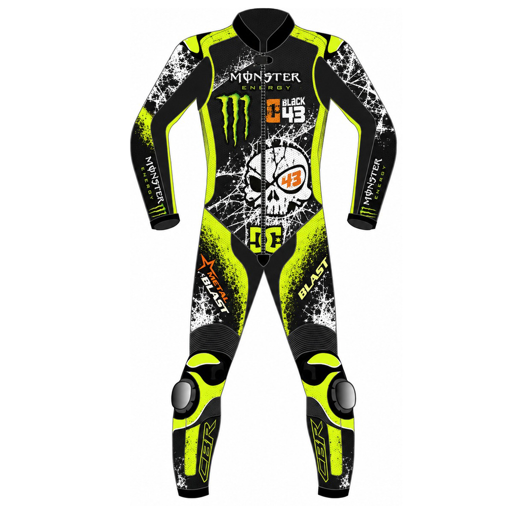 Front design illustration of a black and yellow leather racing suit with skull graphics and number 43