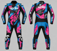 Custom motorbike leather racing suit with Aprilia MotoGP design shown from the front and back