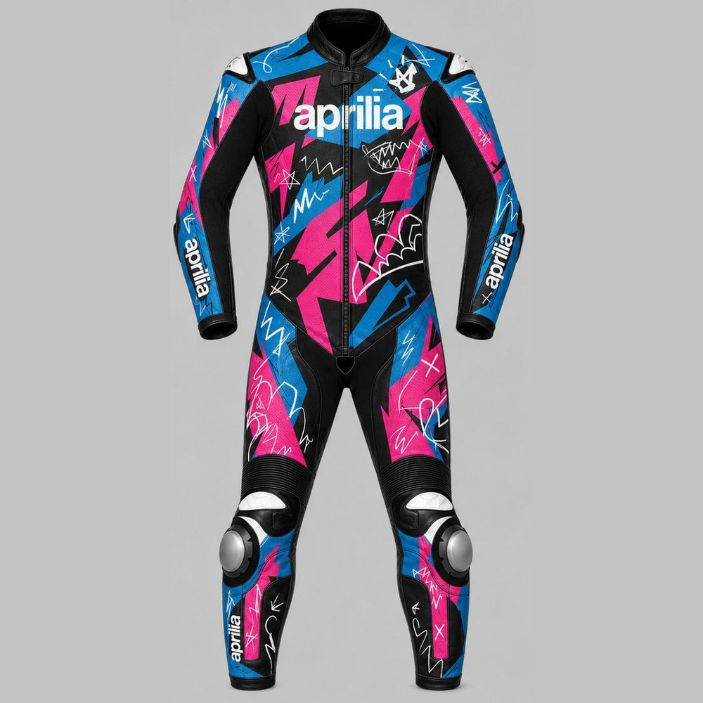 A full-body motorcycle racing suit from Aprilia, featuring a black base with vibrant pink and blue graphic patterns, white branding, and white shark illustrations, displayed against a solid gray background.