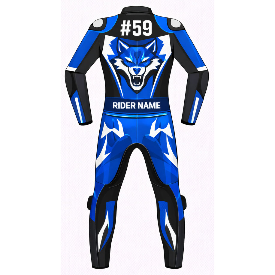 Blue Wolf custom leather motorcycle racing suit detail view