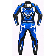 Blue Wolf custom leather motorcycle racing suit detail view