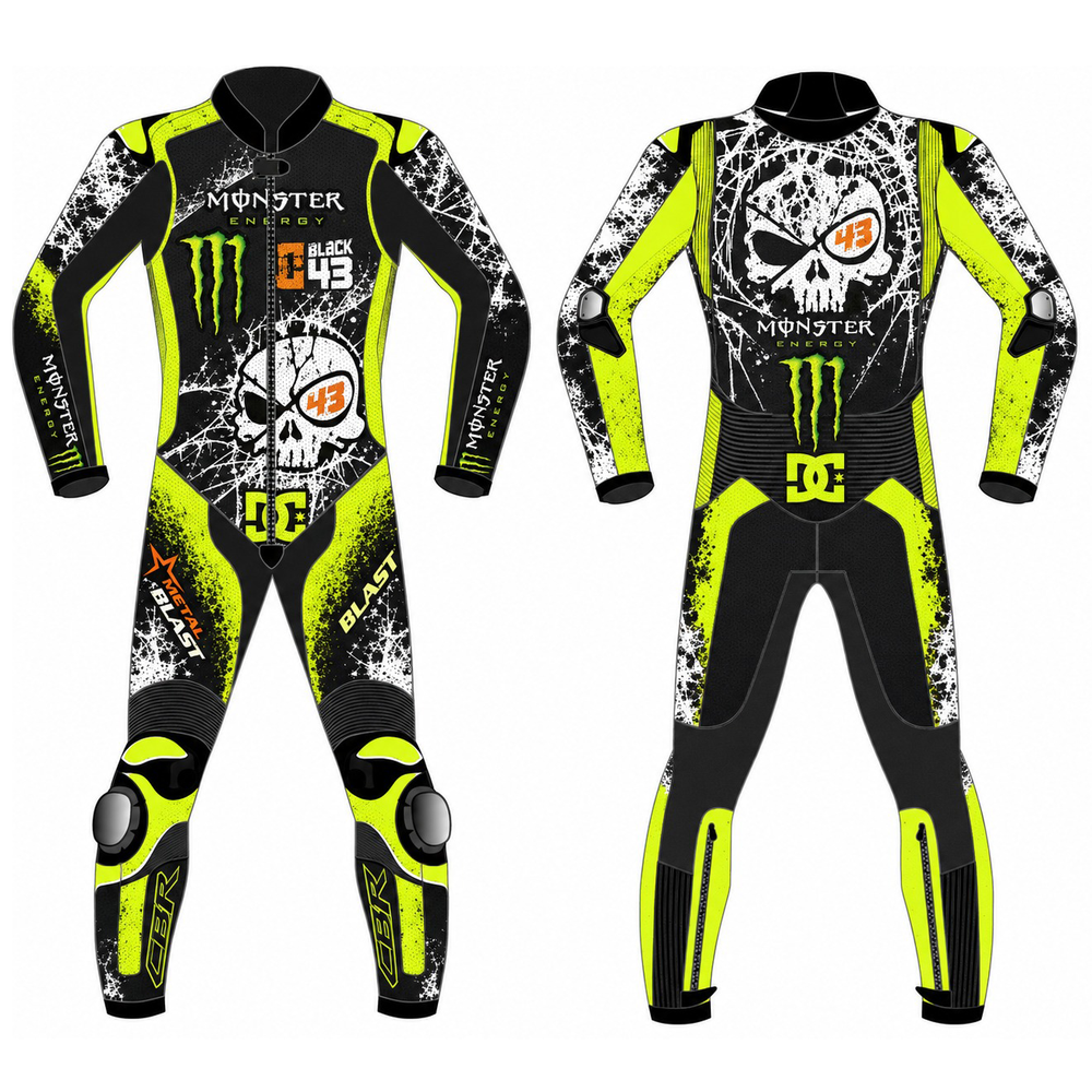Front and back artwork showing the panel layout and graphics for a custom motorbike suit