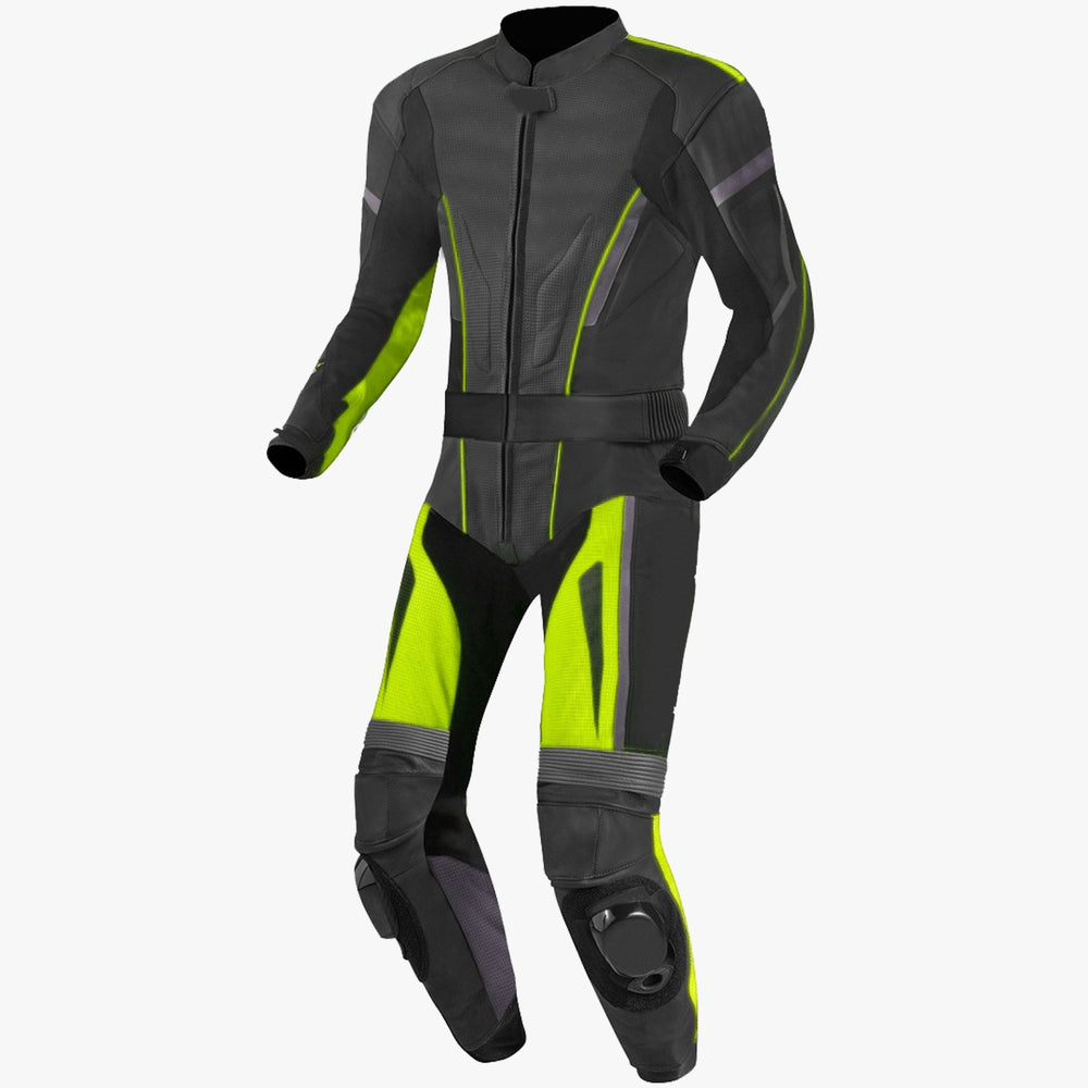 black neon leather biker suit rear view structured panel layout