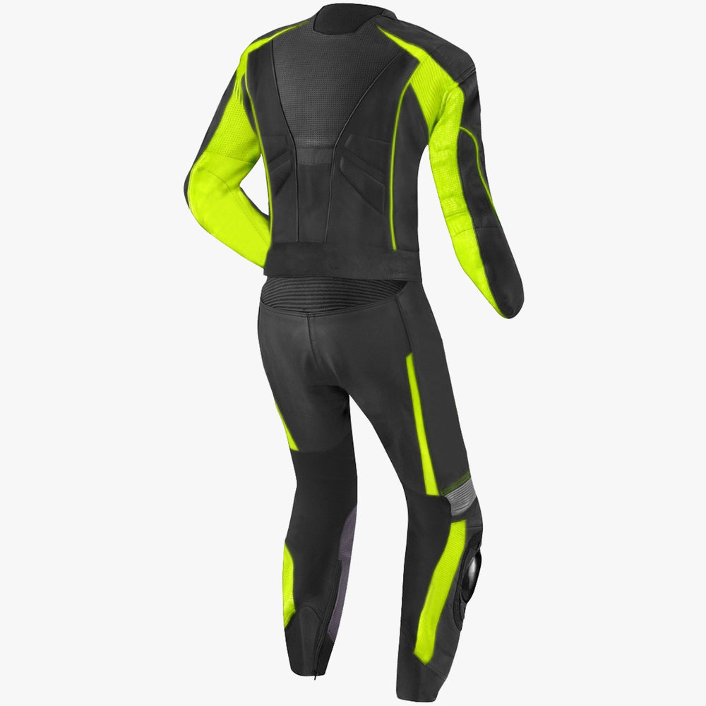 black neon yellow leather racing suit visibility design