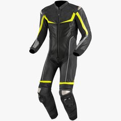 custom motorcycle racing suit black neon yellow front view