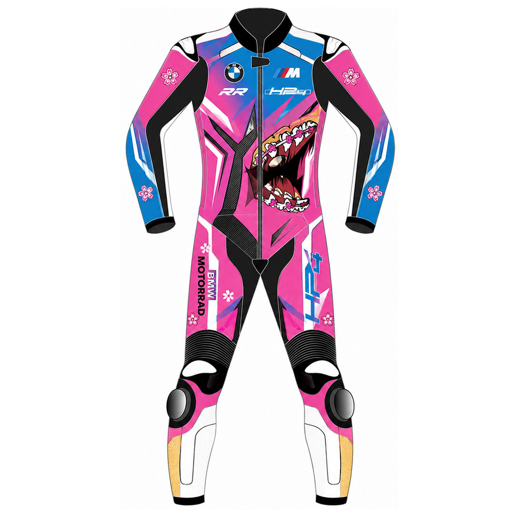 Custom one-piece leather racing suit front design with pink and blue graphics