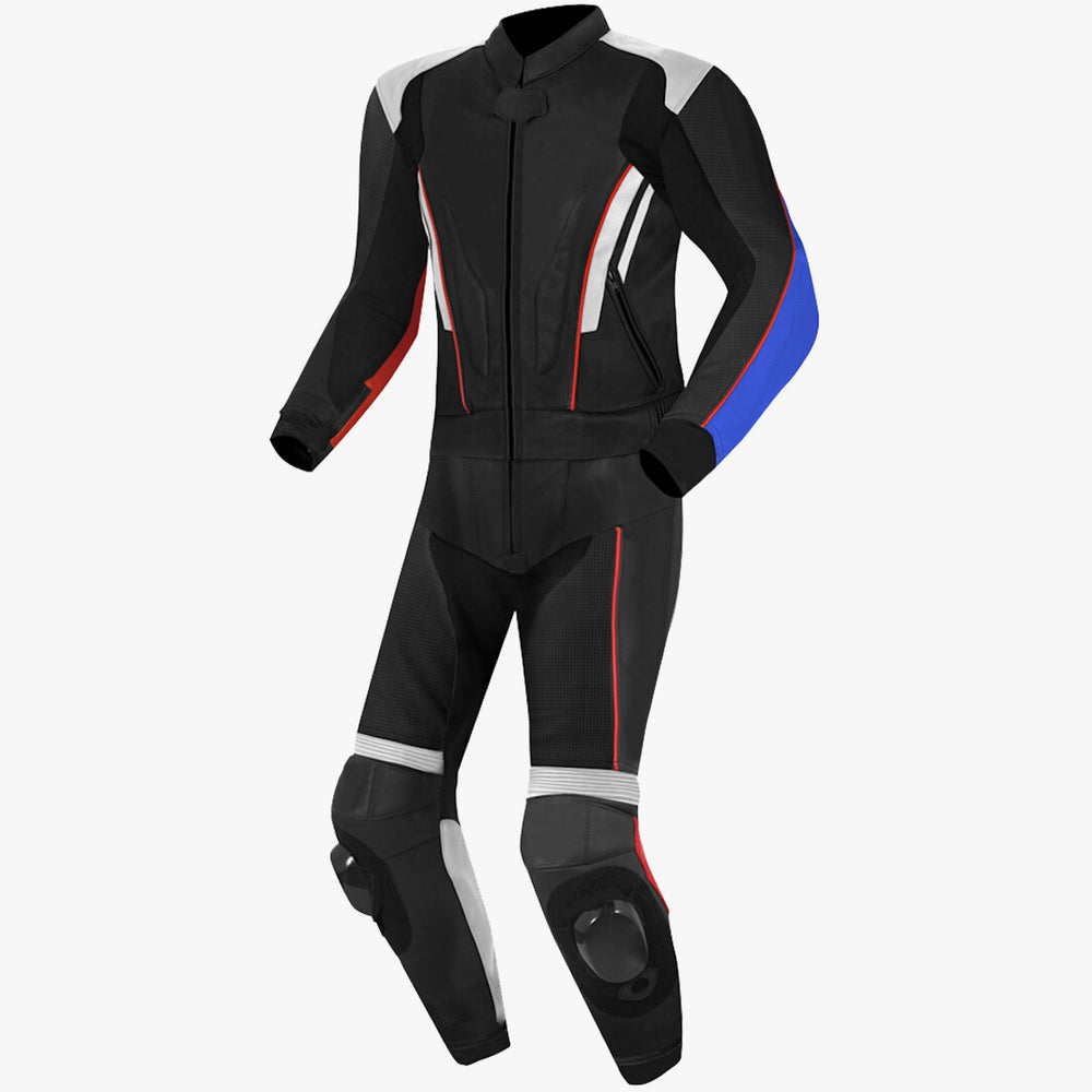 custom motorcycle racing leather suit black red blue design
