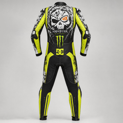 Back view of a custom motorcycle suit with white skull artwork, yellow panels and lower back stretch