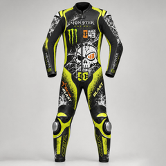 Front view of a custom motorcycle leather suit in black and yellow with white skull graphics