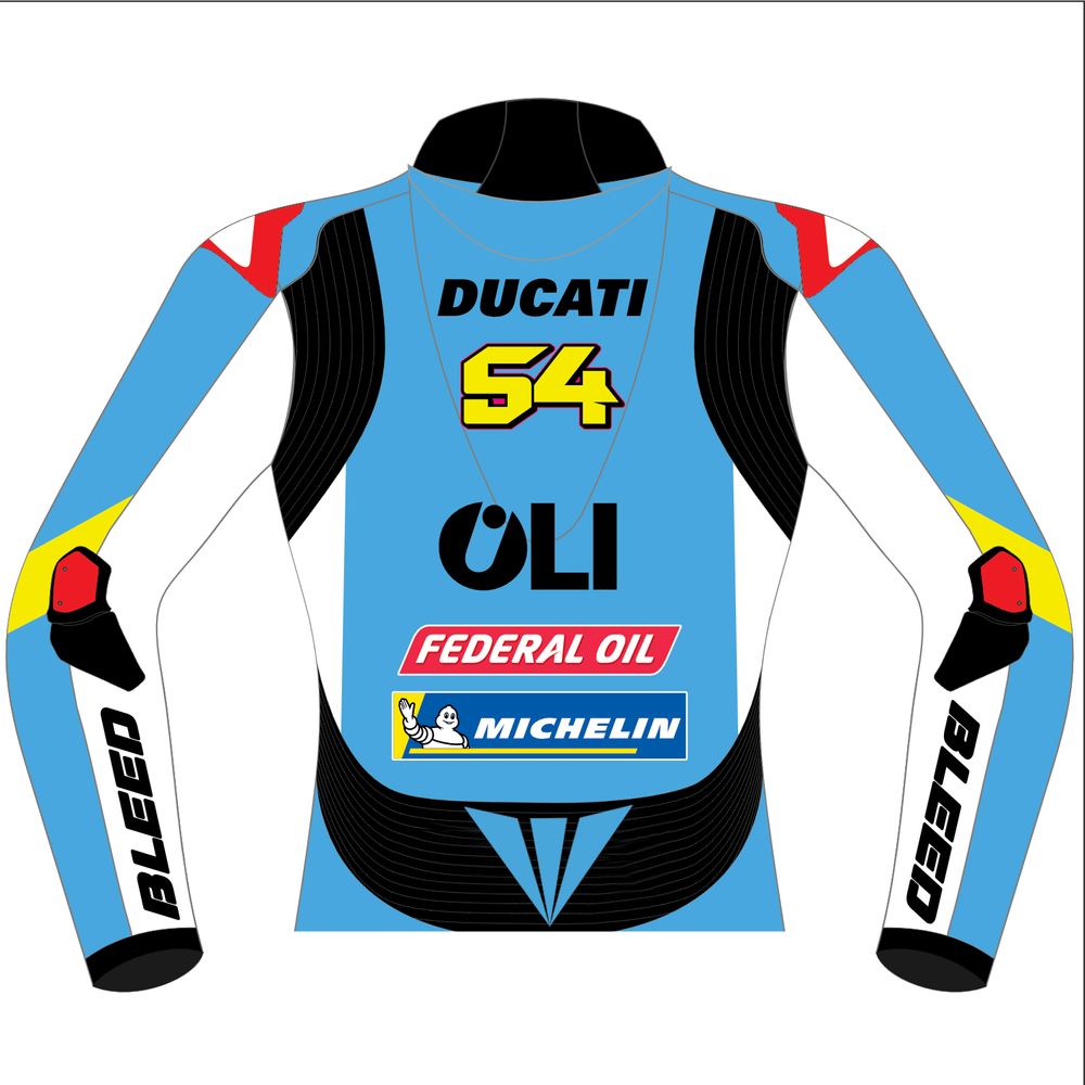 Fermín Aldeguer Gresini Ducati 2025 MotoGP leather racing jacket back view in light blue with number 54, yellow sleeve accents and elbow sliders