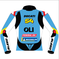 Fermín Aldeguer Gresini Ducati 2025 MotoGP leather racing jacket back view in light blue with number 54, yellow sleeve accents and elbow sliders