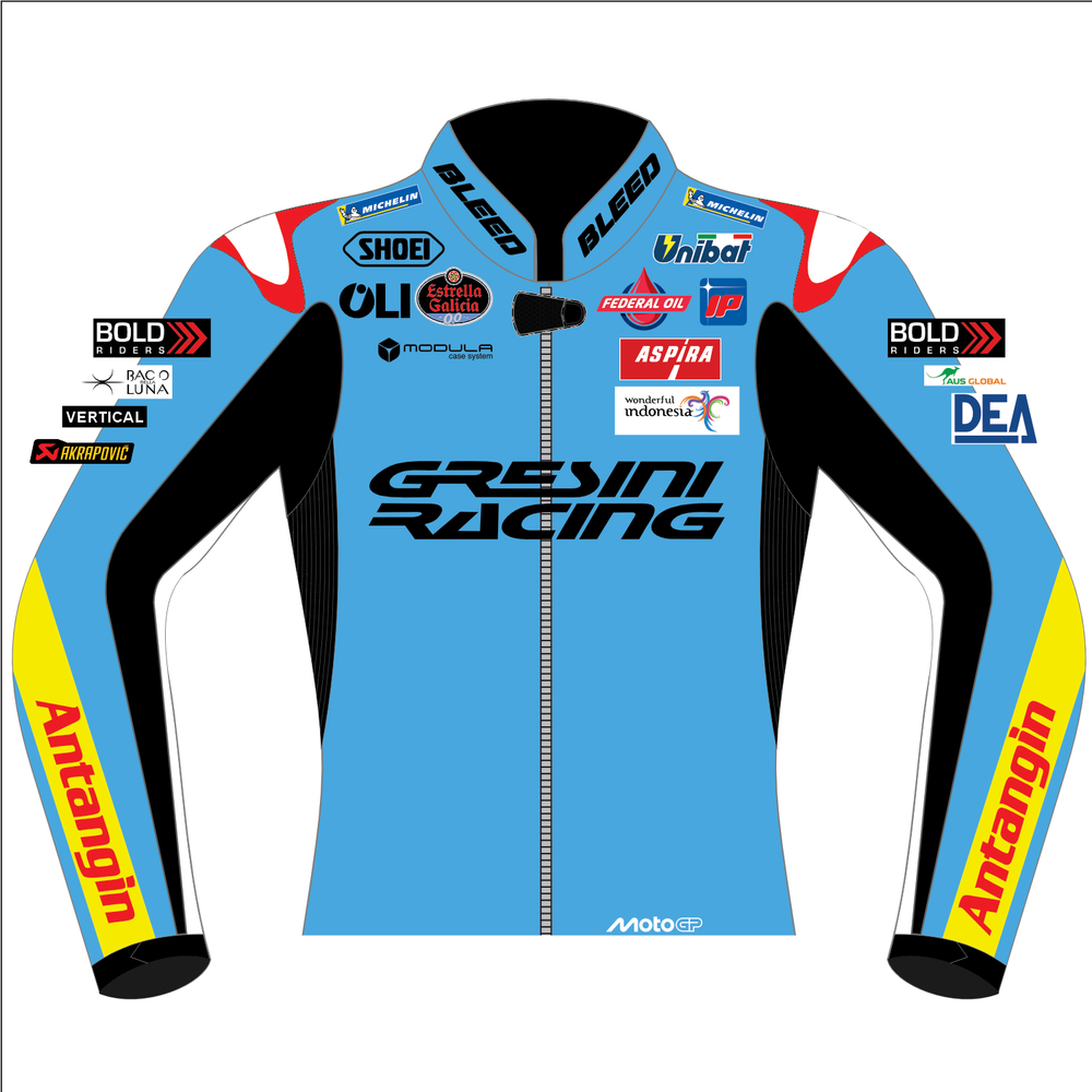 Fermín Aldeguer Gresini Ducati 2025 MotoGP leather racing jacket front view in light blue with black panels and Gresini Racing graphics
