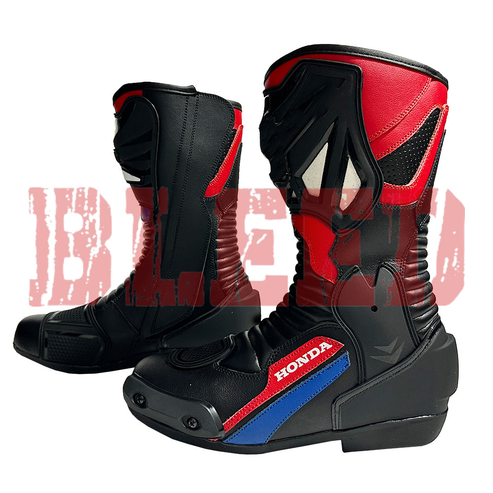 Honda Repsol motorbike leather riding boots back view