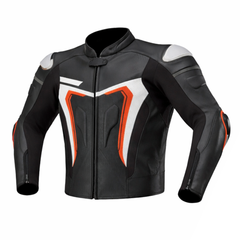 black and orange motorcycle leather jacket front view with modern sport design