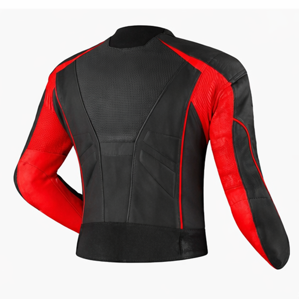 rear view of black red riding jacket with ventilation panel and ergonomic structure
