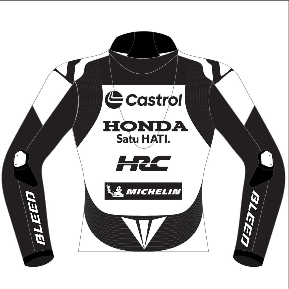 Joan Mir Castrol Honda HRC 2025 MotoGP test leather racing jacket back view in white and black with Castrol Honda HRC graphics and elbow sliders
